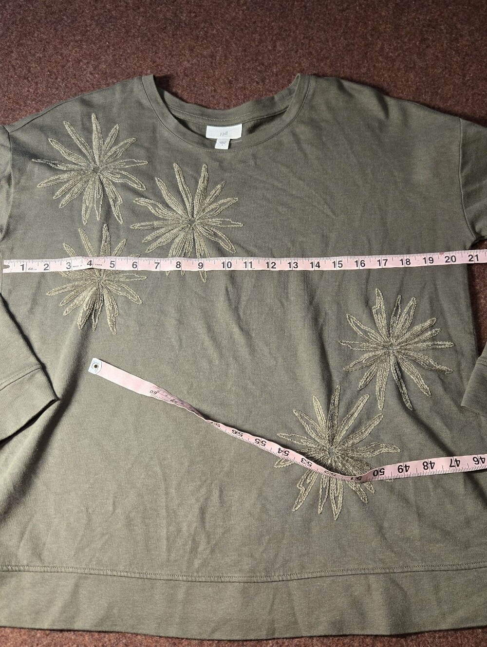 J. Jill Sweatshirt Tonal Floral Embroidery Olive Green Size Small - Picture 5 of 10